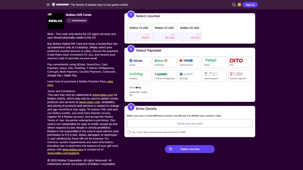 Codashop Philippines Roblox tiers with GCash payment selected