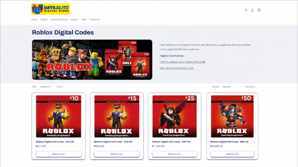 Datablitz Digital Store Roblox $10 gift card priced at ₱615 PHP