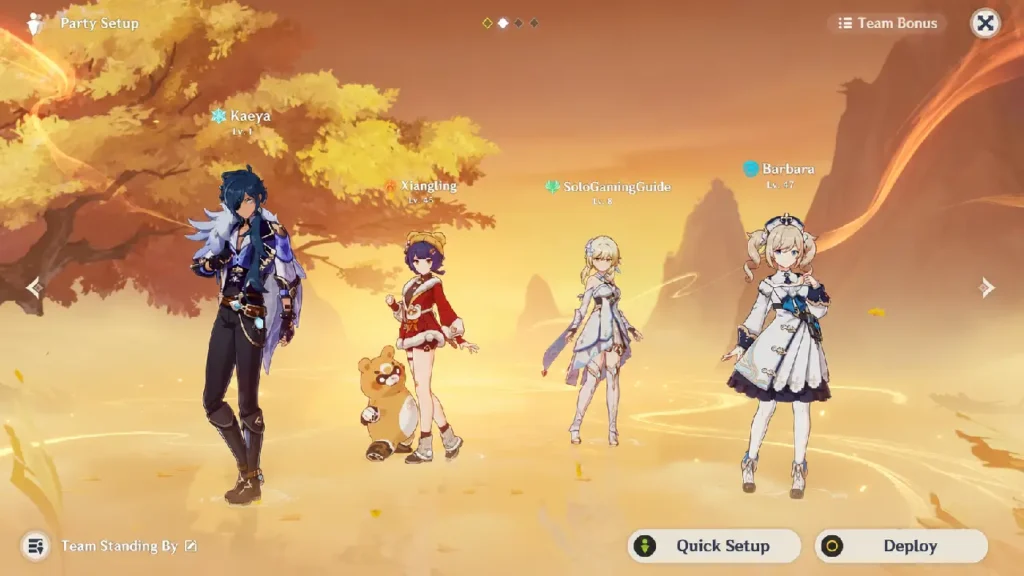 Genshin Impact free starter team Kaeya Xiangling Barbara Traveler party setup screenshot