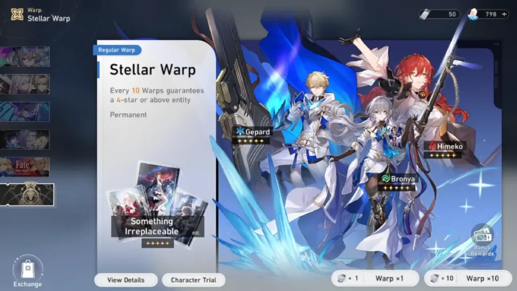 Honkai Star Rail warp banner screen showing limited character pull interface