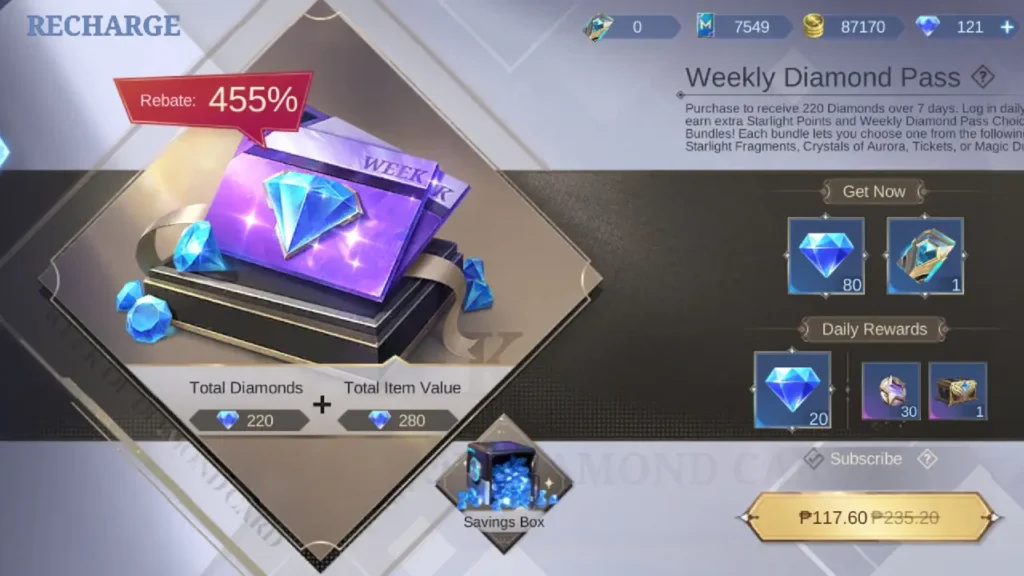 Legends Bang Bang Weekly Diamond Pass purchase screen showing 220 diamonds for 7 days