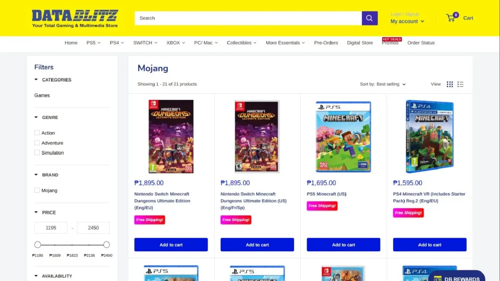 Datablitz Philippines Mojang page showing Minecraft PS5 and PS4 prices
