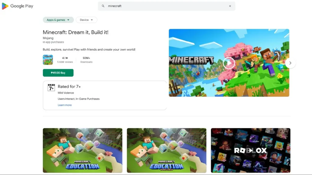 Minecraft on Google Play Philippines showing ₱49 price