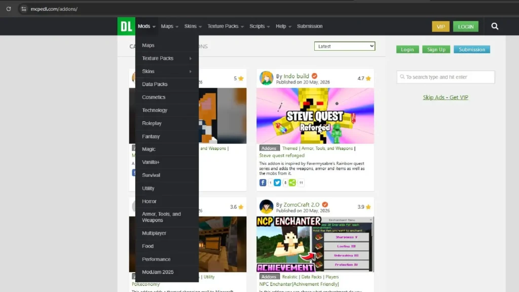 MCPEDL website Minecraft add-on download page