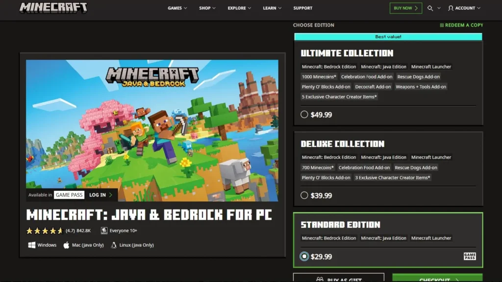 Minecraft.net showing Standard Deluxe and Ultimate Edition prices