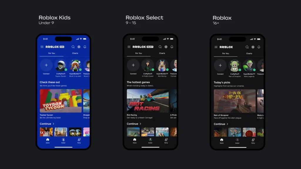 Roblox Kids and Roblox Select age-based accounts announcement graphic for users under 16