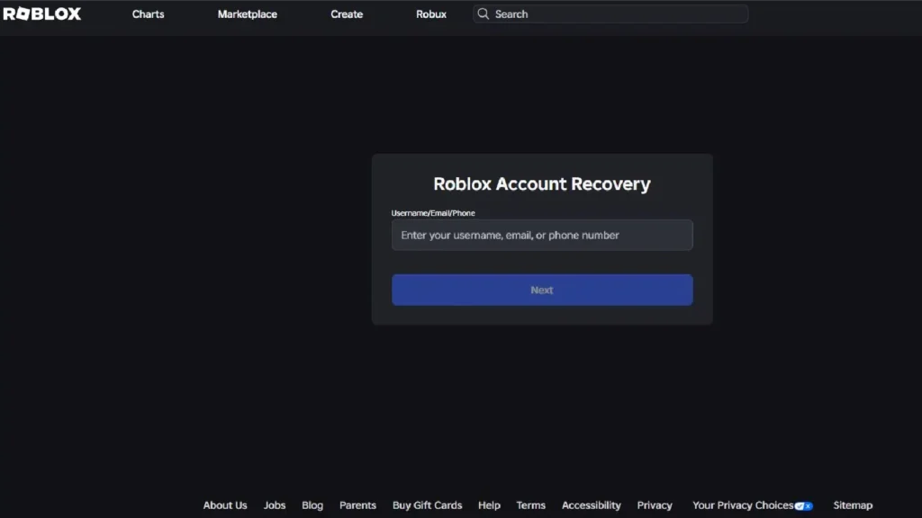 Enter your email on the Roblox password reset page