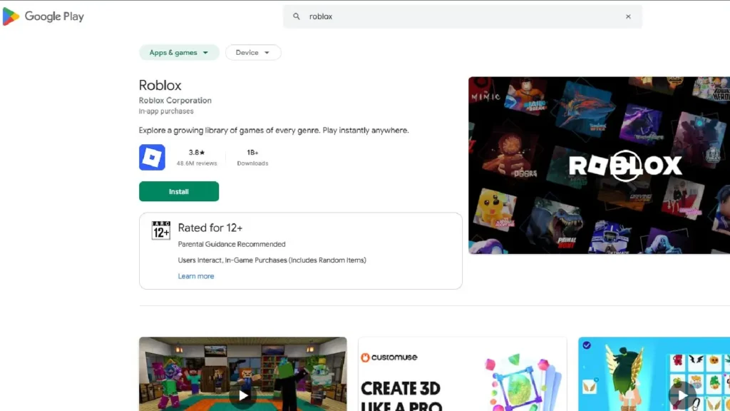 Roblox on Google Play Store Android