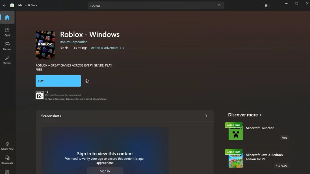 Roblox Microsoft Store page with a blue 'Get' button to download Roblox.