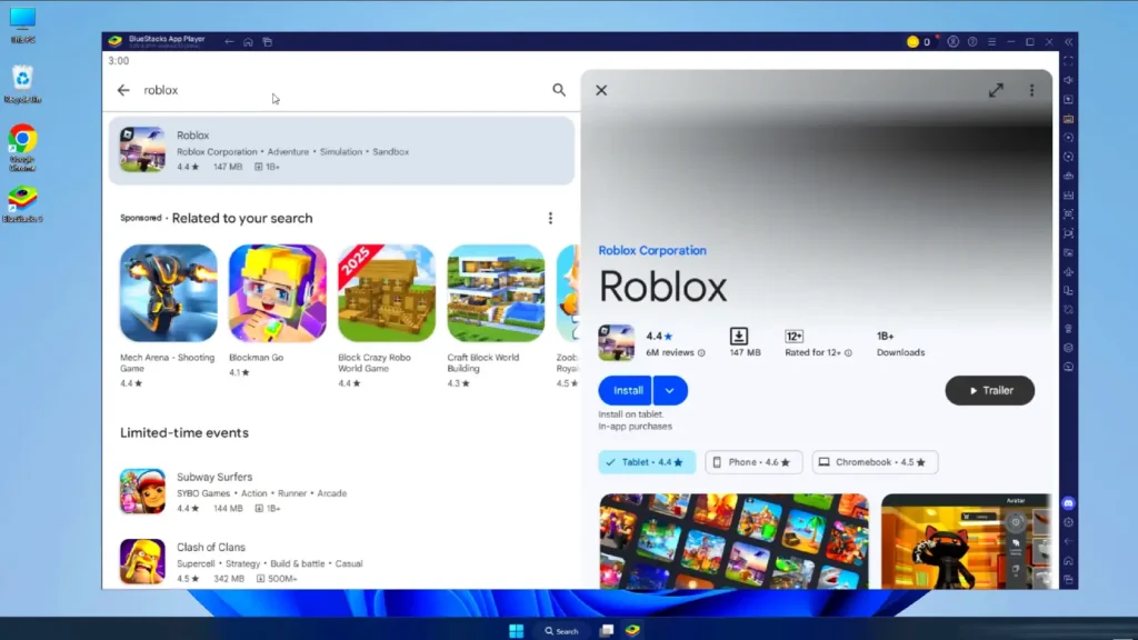 Within the BlueStacks app, a blue 'Install' button for Roblox.