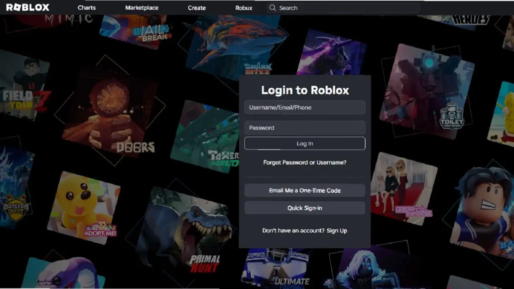 Roblox login page with username password and forgot password link