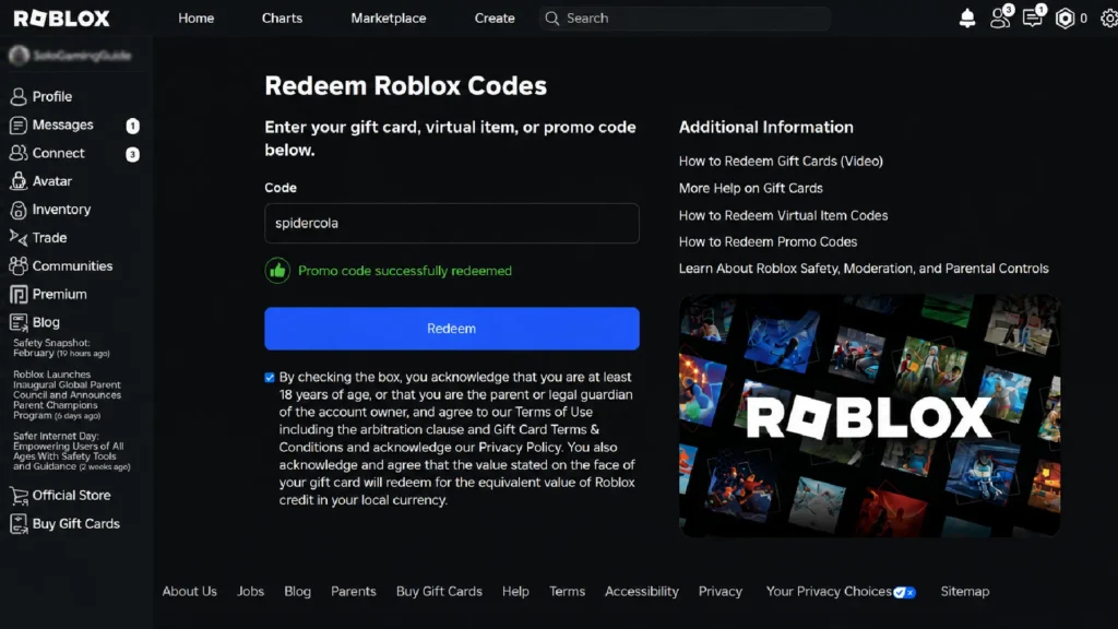 Roblox promo code SPIDERCOLA successfully redeemed on PH account