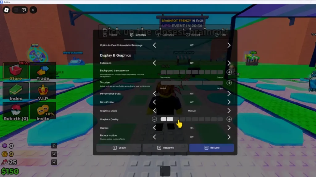 Roblox in-game graphics settings menu.