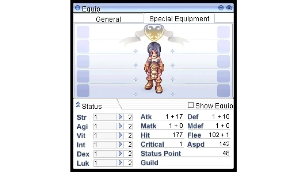 Ragnarok Online character stats window showing STR, AGI, VIT, INT, DEX, and LUK stat allocation for a new player