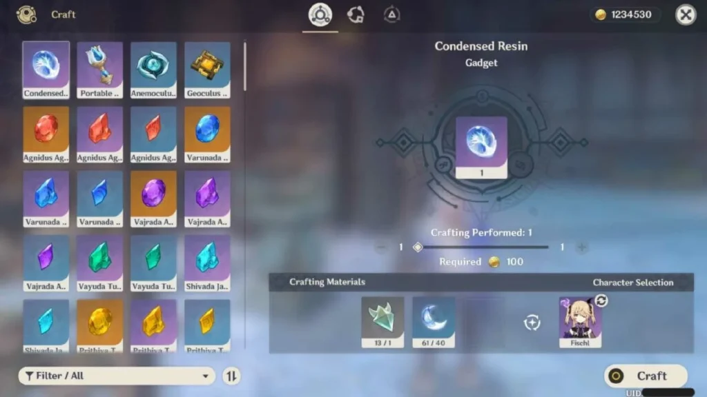 Genshin Impact Crafting Bench showing Condensed Resin recipe with 60 Original Resin, 1 Crystal Core, and 100 Mora required