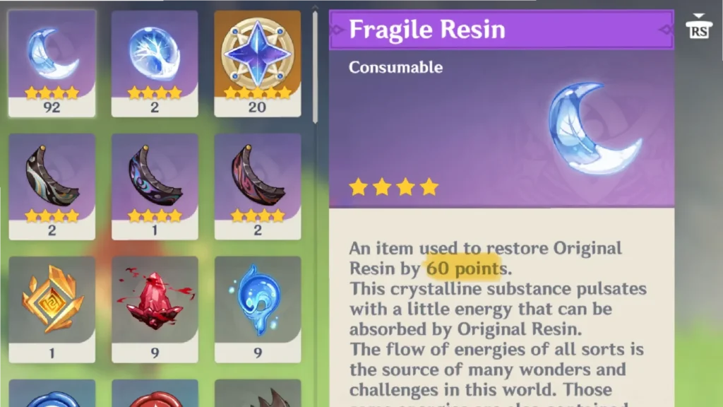 Genshin Impact Fragile Resin item in inventory showing quantity and item description