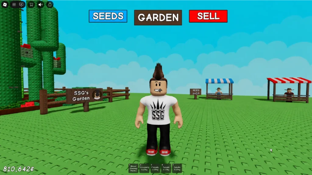 Grow a Garden Roblox gameplay showing a player's garden with multiple crop plots