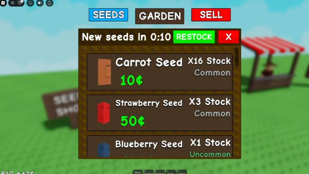 Grow a Garden Roblox Sam's Seed Shop menu showing seeds for sale with Sheckle prices and rarity tiers