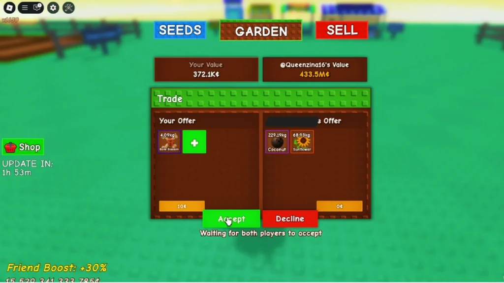 Grow a Garden Roblox Trading Ticket interface showing both sides of a trade before confirming
