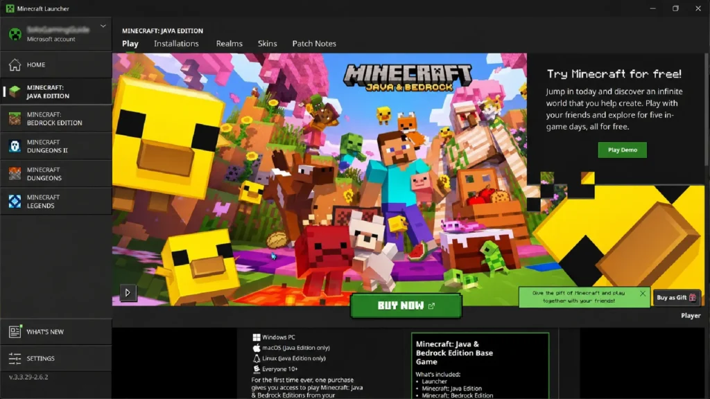 Minecraft Launcher showing Java and Bedrock Edition options