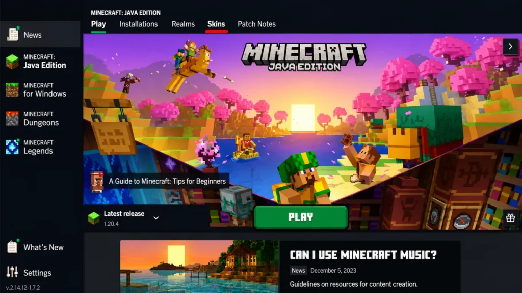 Minecraft Java Edition Launcher Skins tab
