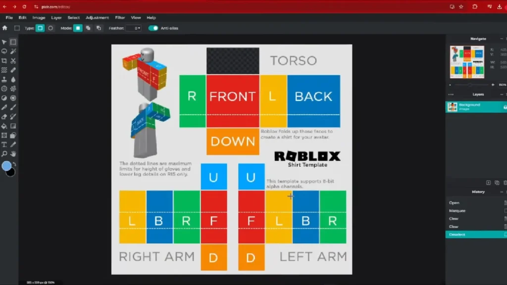 Pixlr Editor with Roblox shirt template 585x559 open showing layer panel