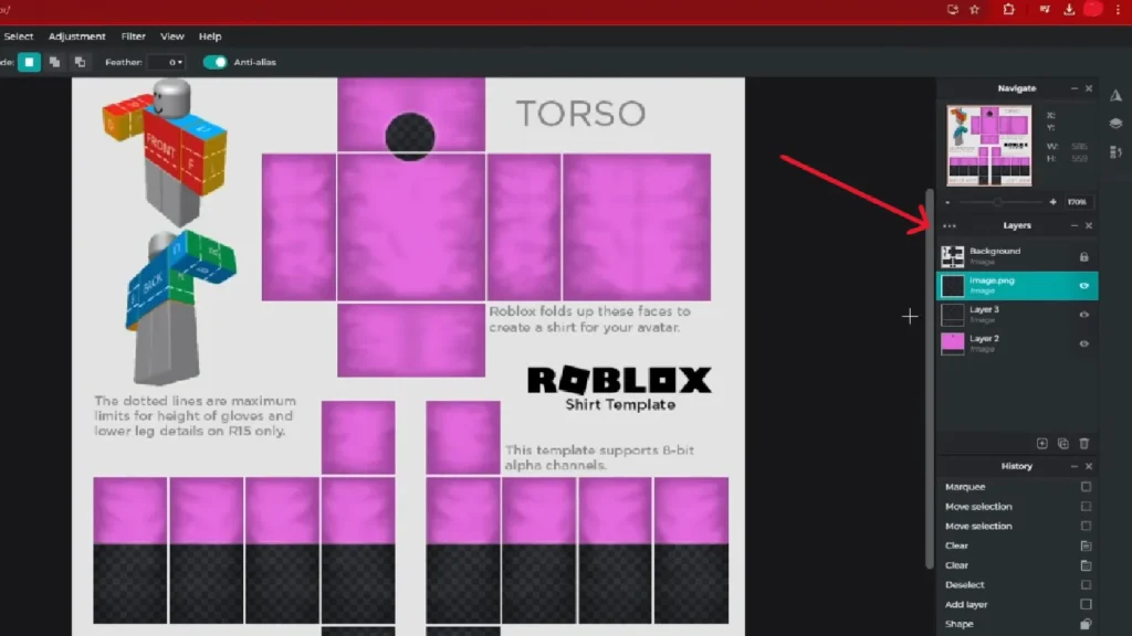 Correct Roblox shirt layer order in Pixlr