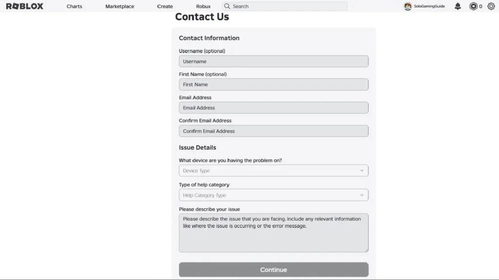 Roblox support ticket submission form