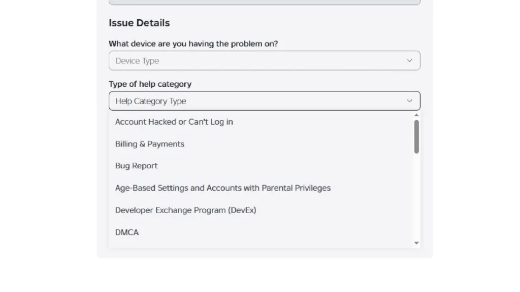Roblox support ticket category options