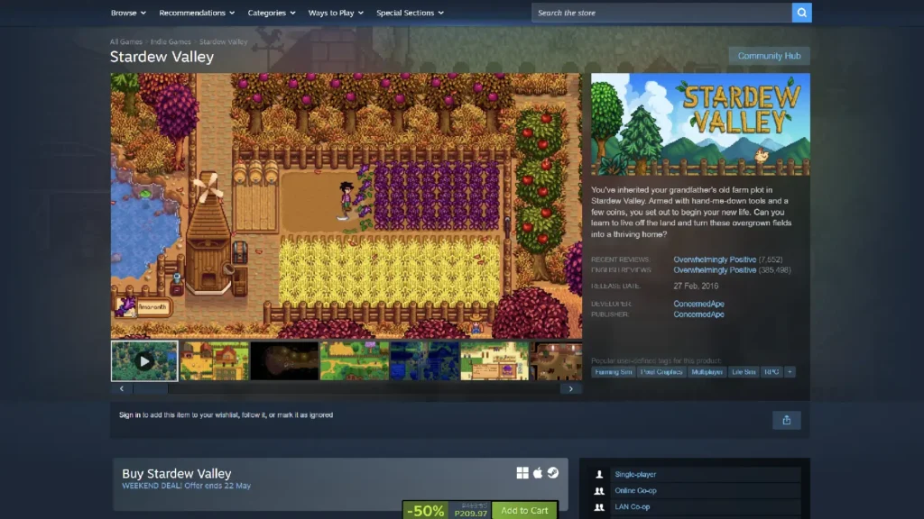 Stardew Valley Steam store page showing Philippine peso price and overwhelmingly positive reviews
