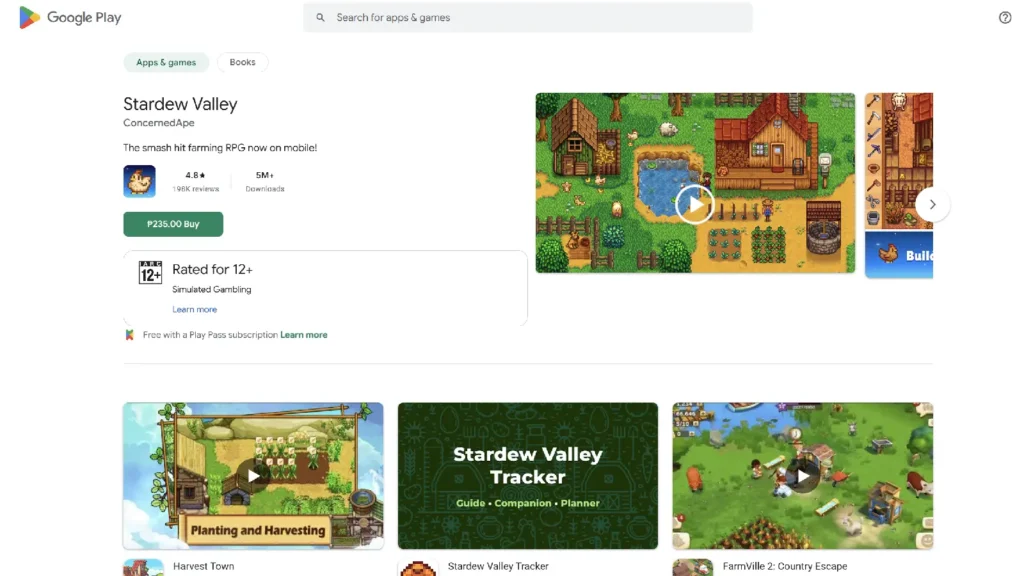 Stardew Valley Google Play store page showing buy button and Philippine peso price