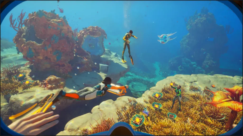 Subnautica 2 screenshot showing new alien ocean biome with bioluminescent underwater environment