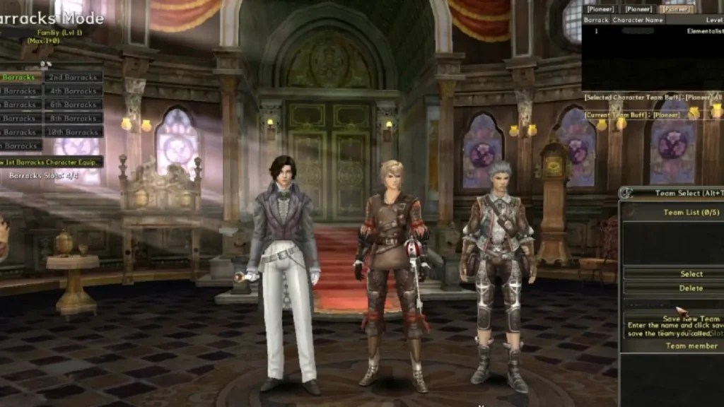 Granado Espada gameplay showing the three-character Multi-Character Control system and baroque colonial art style on the 2026 Steam server