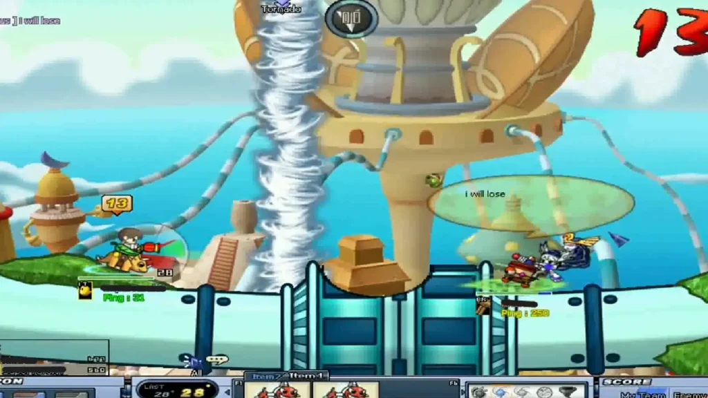 GunBound gameplay showing the turn-based artillery game that was a staple of Philippine internet cafés in the mid-2000s