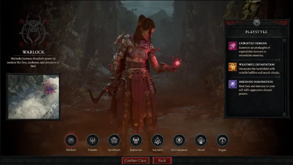 Diablo 4 class selection screen showing all eight playable classes in 2026