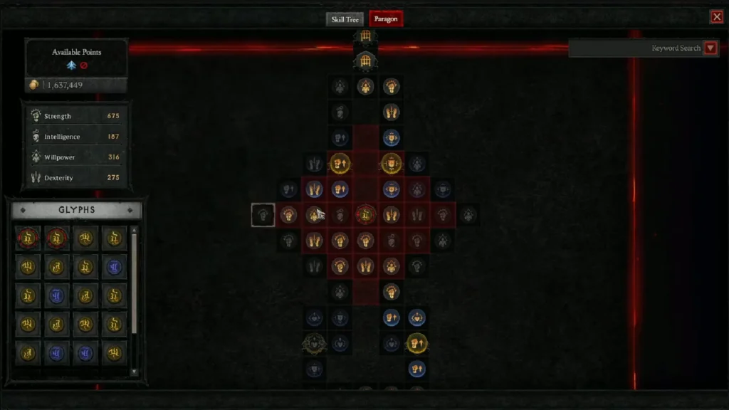 Diablo 4 Paragon board showing Normal, Magic, Rare, and Legendary nodes around a Glyph Socket