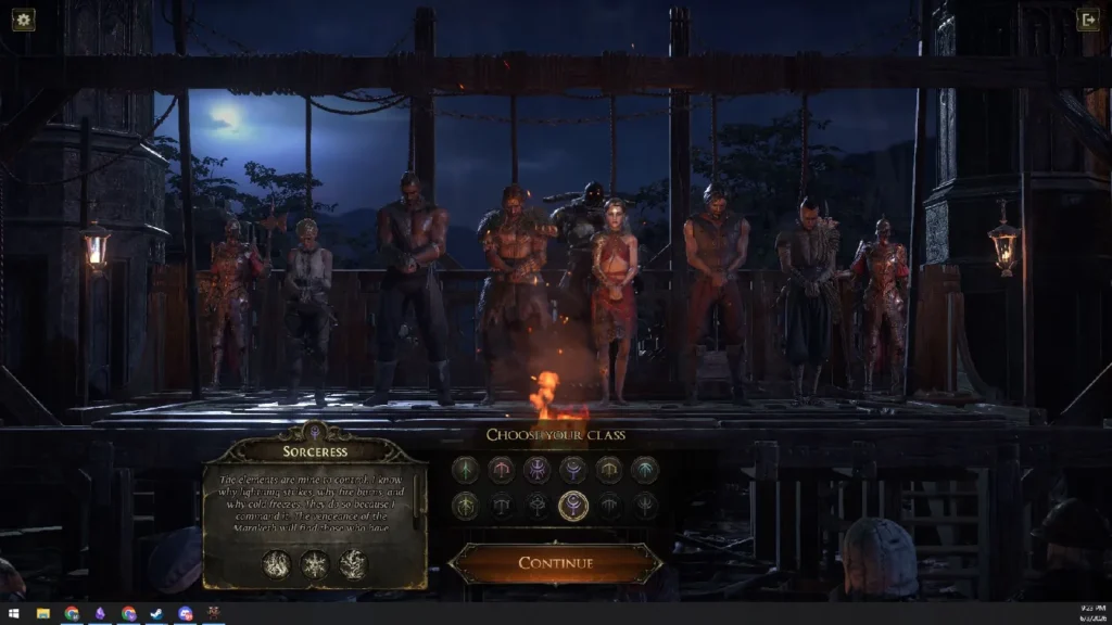 Path of Exile 2 class selection screen showing all eight playable classes in patch 0.5 Return of the Ancients
