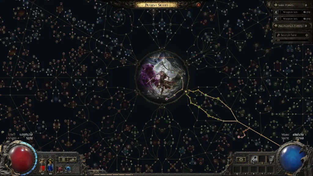 Path of Exile 2 passive tree overview showing the full 1500 node tree from the center class starting position