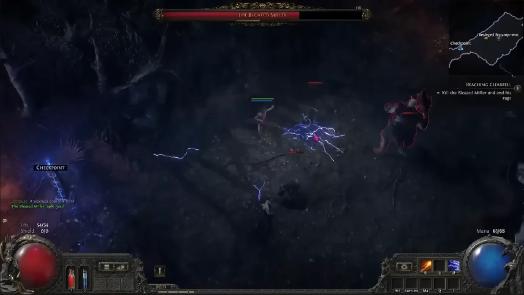 Path of Exile 2 Sorceress Stormweaver class using Spark skill with lightning projectiles chaining between enemies