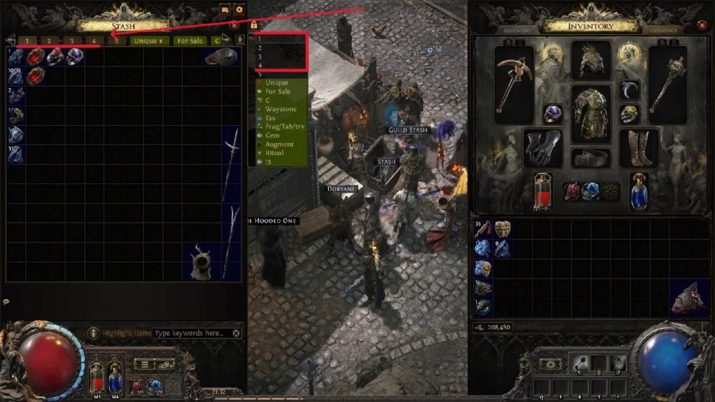 Path of Exile 2 stash interface showing the four free default stash tabs with currency items organized