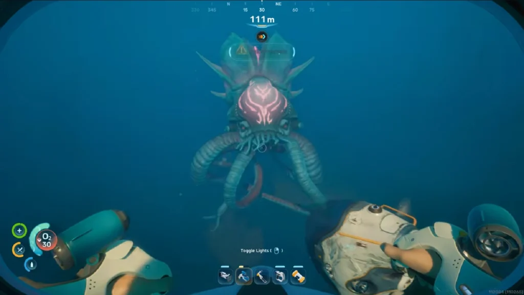 Subnautica 2 Collector Leviathan in the Sparse Plains trench showing the first apex predator encounter for beginner players on Proteus