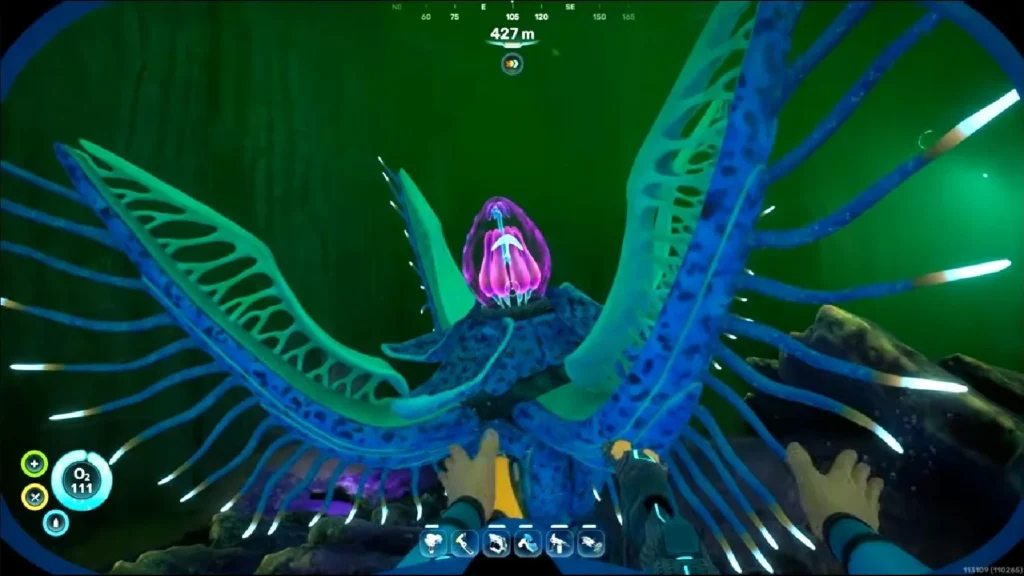 Subnautica 2 Angel Comb plant glowing with bioluminescent pink light where the Digestion Adaptation is unlocked near Anita's Blackbox