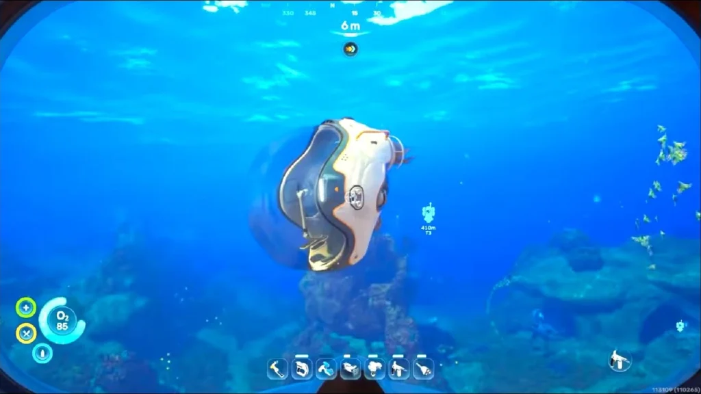 Subnautica 2 Tadpole submersible vehicle parked at a Moonpool dock providing unlimited oxygen for underwater exploration