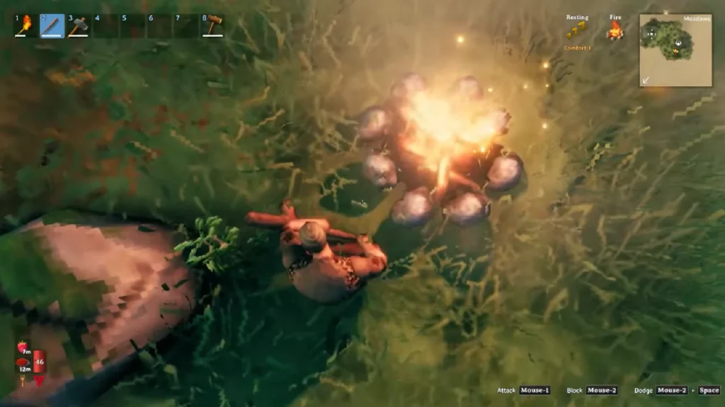 Valheim first night survival — campfire in the Meadows biome