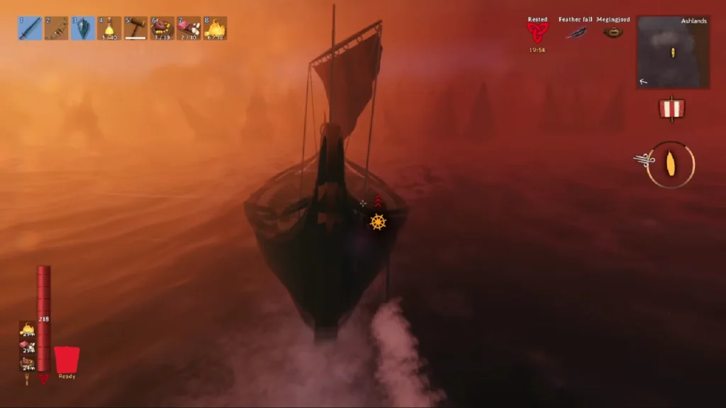 Valheim Ashlands biome guide — the Drakkar boat crossing the boiling sea to reach the Ashlands