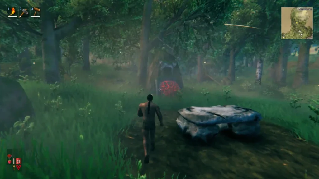 Valheim boss progression — Sacrificial Stones altar showing Forsaken Powers from defeated bosses